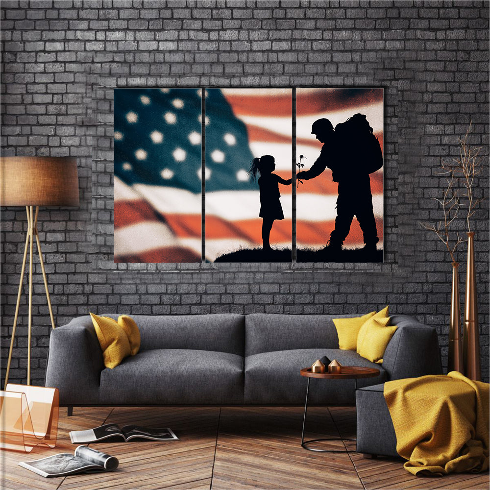 Silhouette of American soldier to national flag Multi Panel Canvas Wall Art