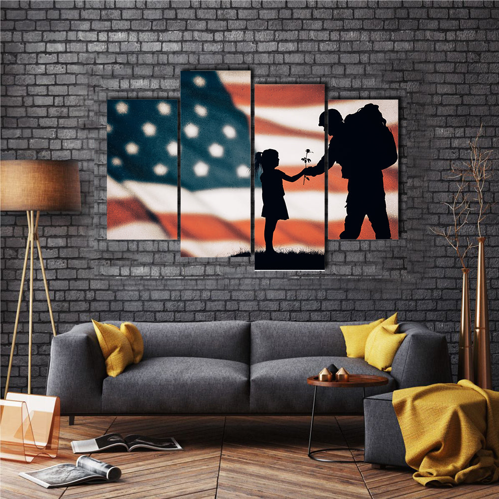 Silhouette of American soldier to national flag Multi Panel Canvas Wall Art