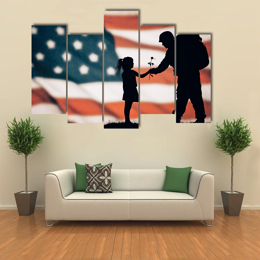 Silhouette of American soldier to national flag Multi Panel Canvas Wall Art