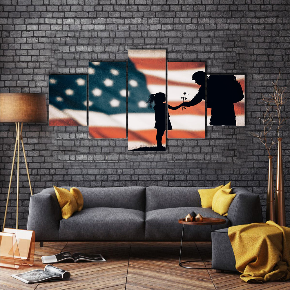 Silhouette of American soldier to national flag Multi Panel Canvas Wall Art