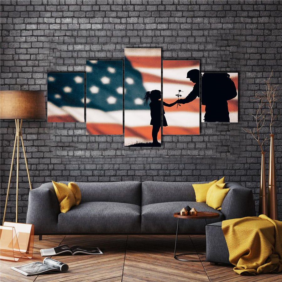Silhouette of American soldier to national flag Multi Panel Canvas Wall Art