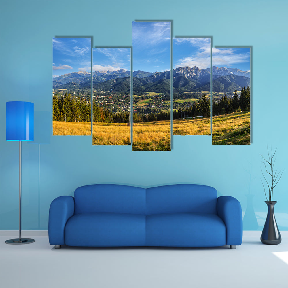 A view of The Tatra Mountains and Zakopane in summer, Poland multi panel canvas wall art