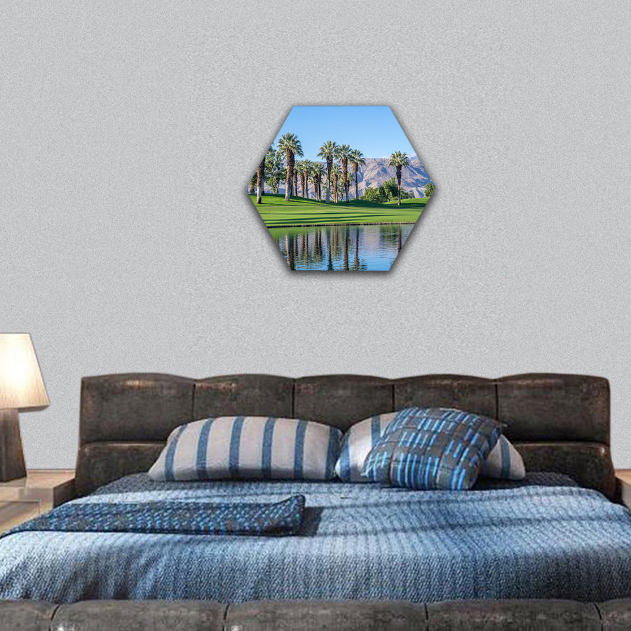 Palms reflecting in water Desert California hexagonal canvas wall art