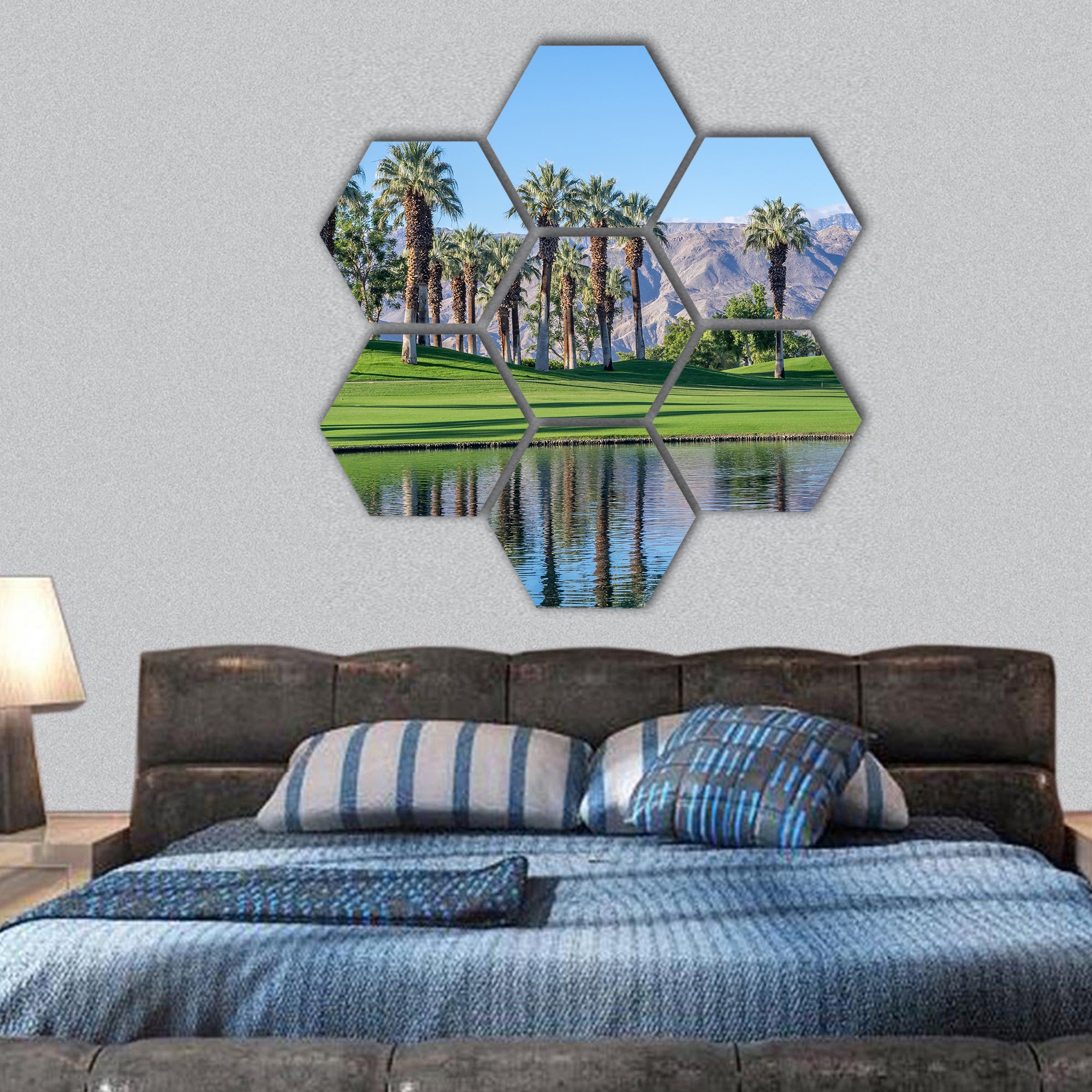 Palms reflecting in water Desert California hexagonal canvas wall art