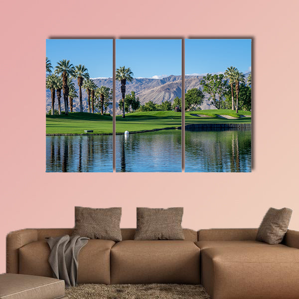 Palms reflecting in water on a golf course in Palm Desert California multi panel canvas wall art