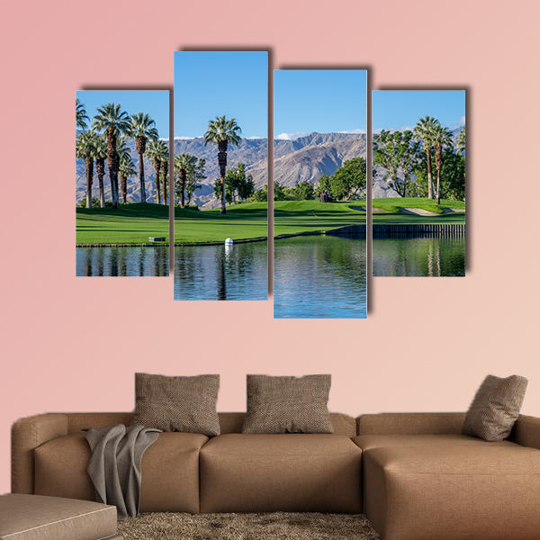 Palms reflecting in water on a golf course in Palm Desert California multi panel canvas wall art