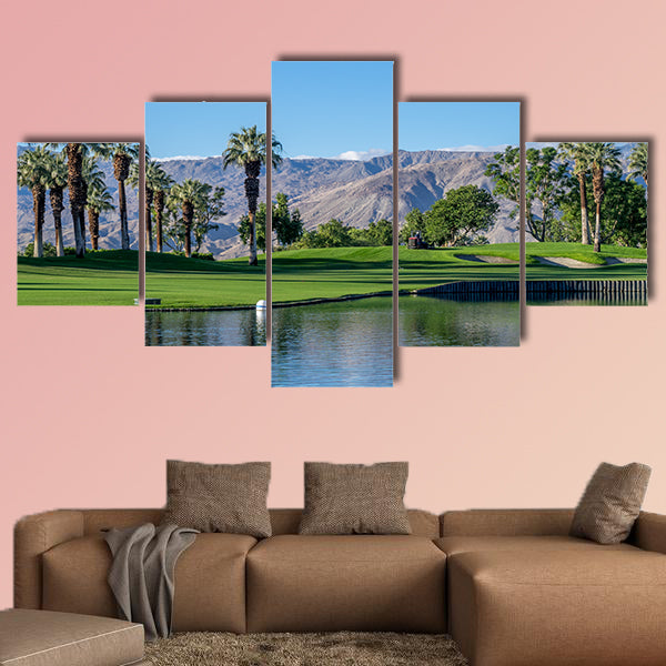 Palms reflecting in water on a golf course in Palm Desert California multi panel canvas wall art