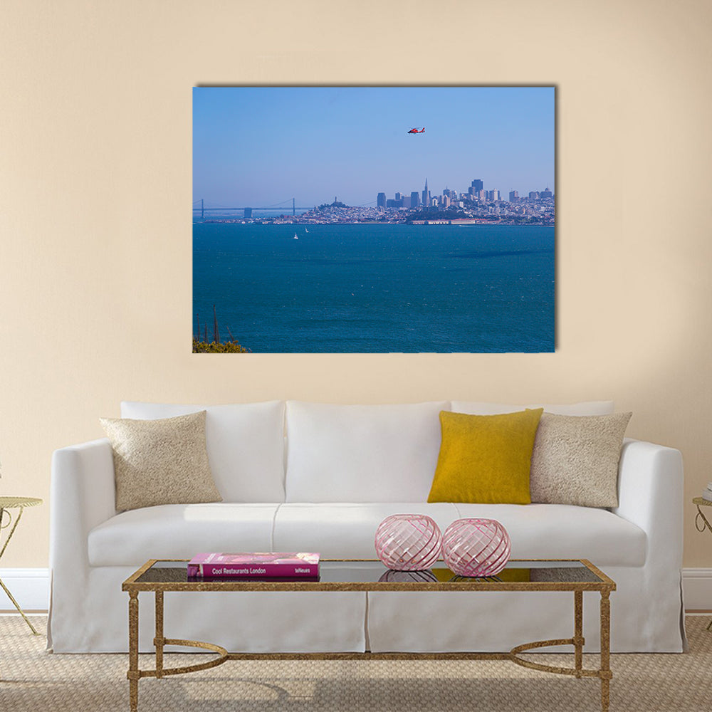 A helicopter flying over the Bay area in SanFrancisco with blue sky on a sunny day In California, USA, Multi Panel Canvas Wall Art
