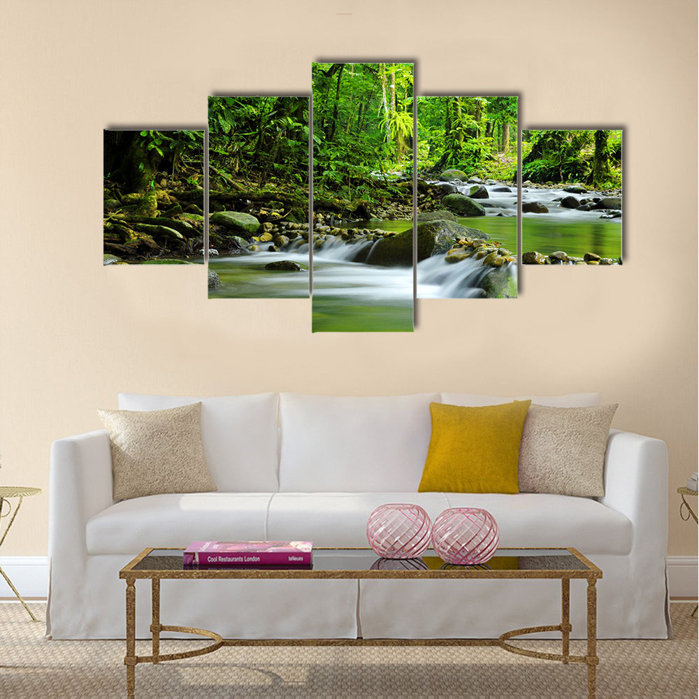 Mountain stream in a tropical rain forest Multi Panel Canvas Wall Art