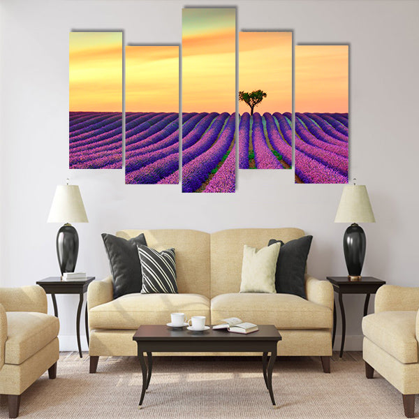 Lavender flowers blooming field Multi Panel Canvas Wall Art