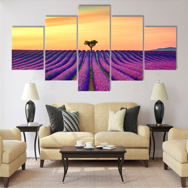 Lavender flowers blooming field Multi Panel Canvas Wall Art