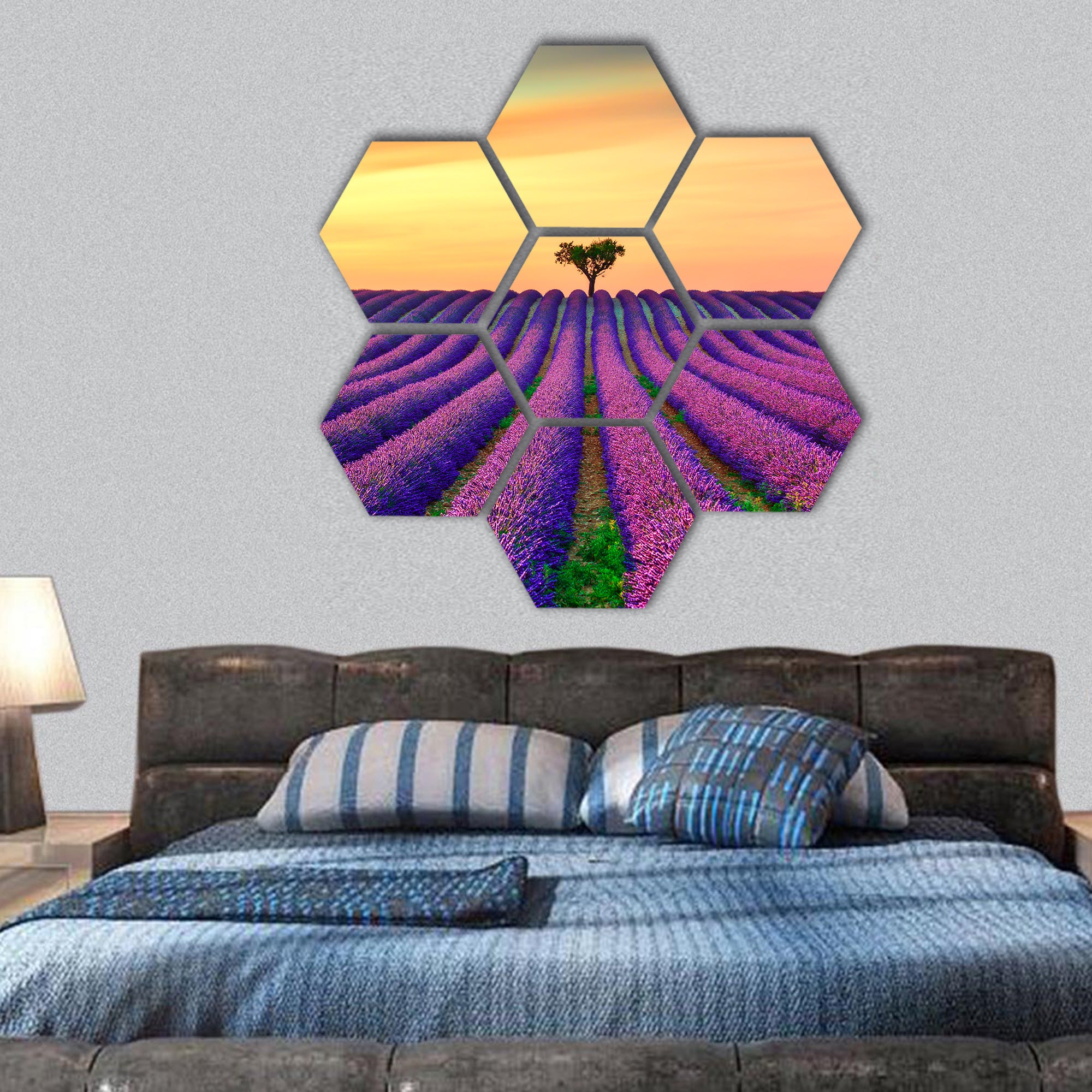 Lavender flowers blooming field, lonely trees uphill on sunset hexagonal canvas wall art