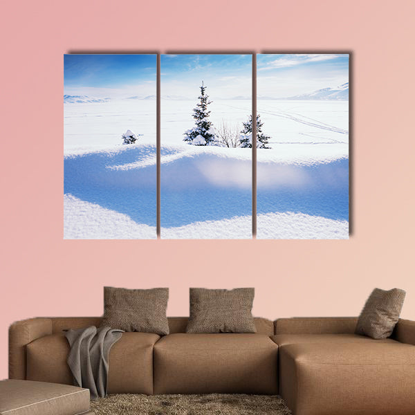 Snow covered lake after snowfall. Beautiful winter landscape Multi panel canvas wall art