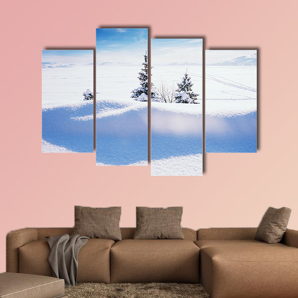 Snow covered lake after snowfall. Beautiful winter landscape Multi panel canvas wall art