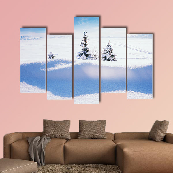 Snow covered lake after snowfall. Beautiful winter landscape Multi panel canvas wall art