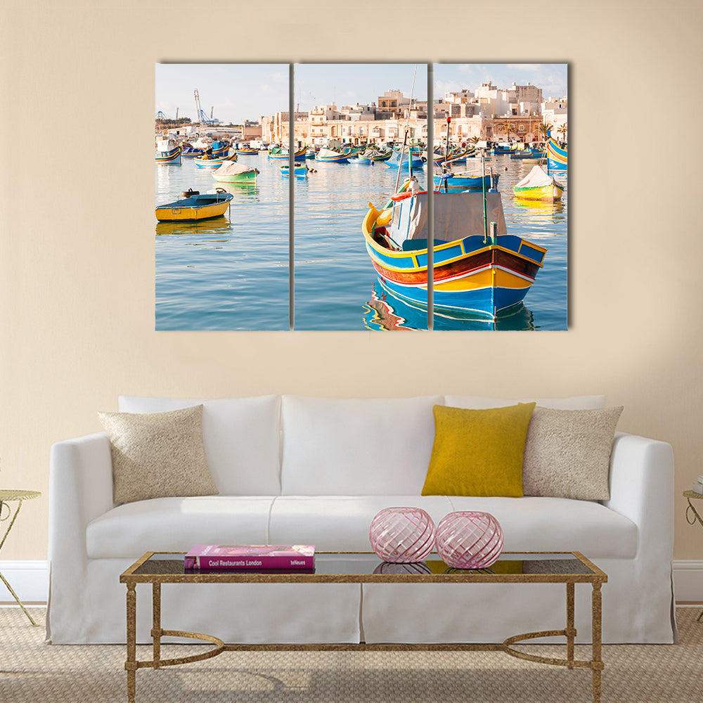 Mediterranean traditional fisherman village in the south east of Marsaxlokk, Multi Panel Canvas Wall Art