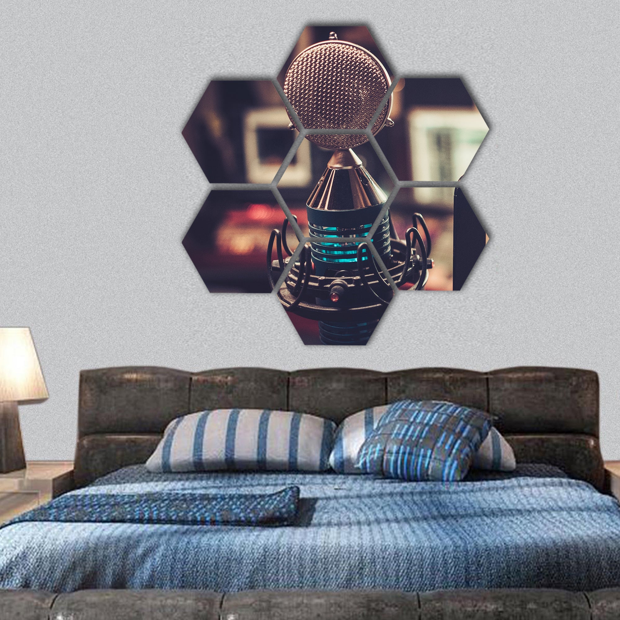 Microphone at boutique recording studio hexagonal canvas wall art