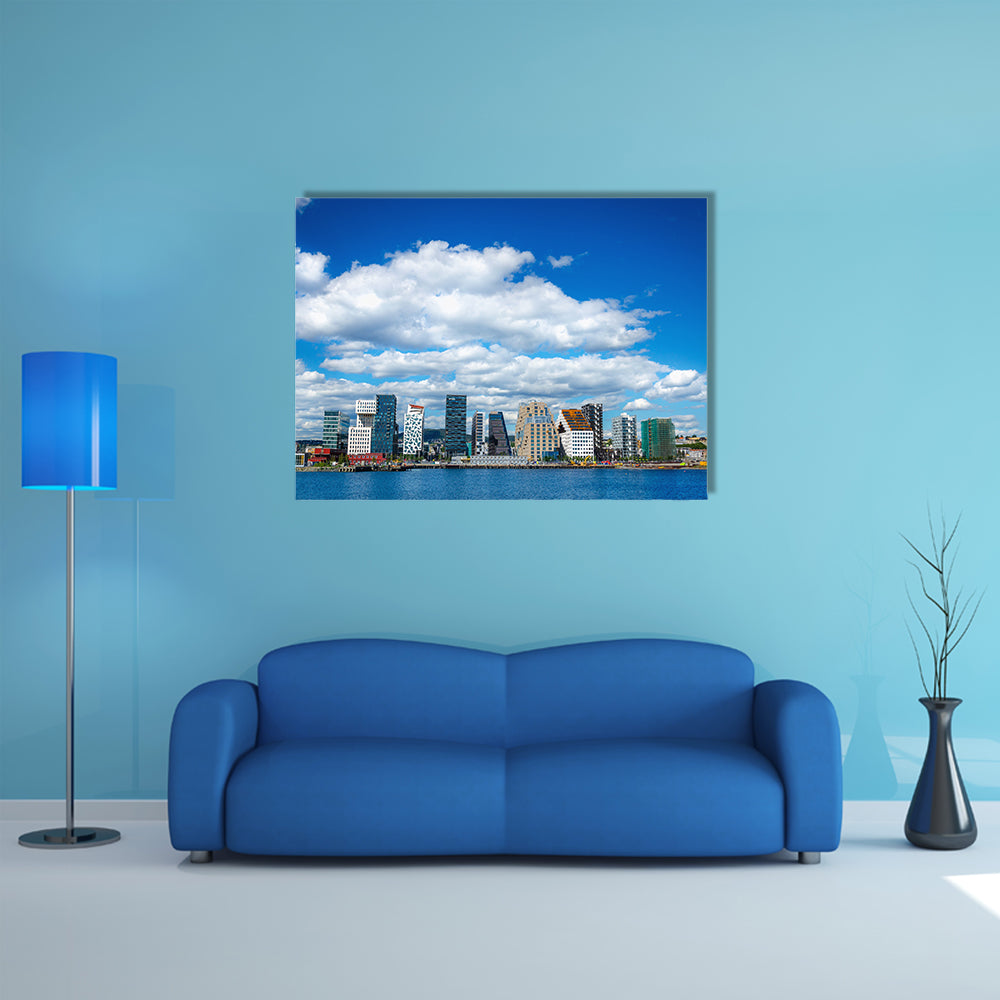 Amazing view of modern business architecture in the center of Oslo multi panel canvas wall art