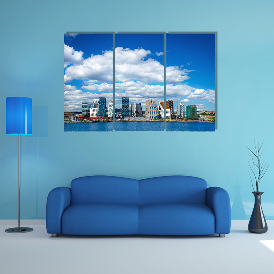 Amazing view of modern business architecture in the center of Oslo multi panel canvas wall art