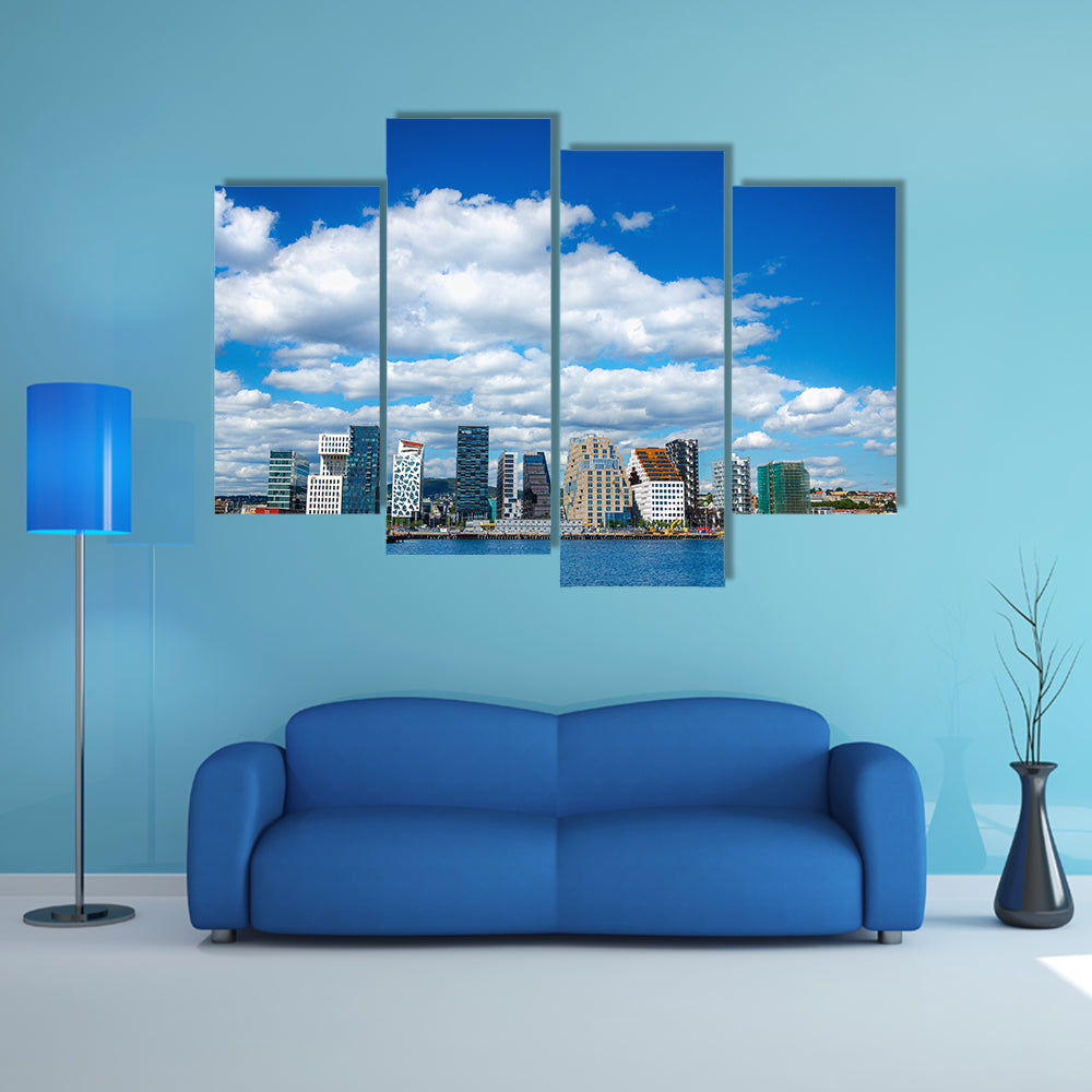 Amazing view of modern business architecture in the center of Oslo multi panel canvas wall art