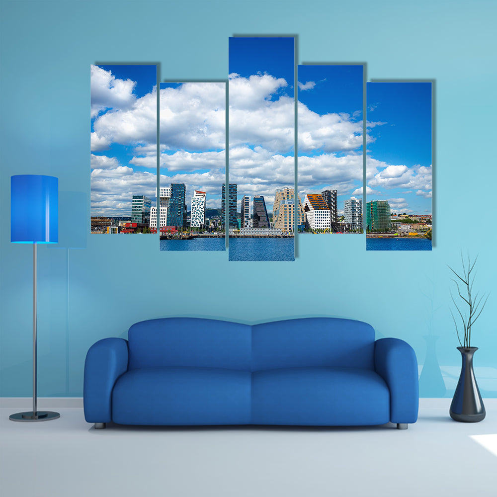 Amazing view of modern business architecture in the center of Oslo multi panel canvas wall art