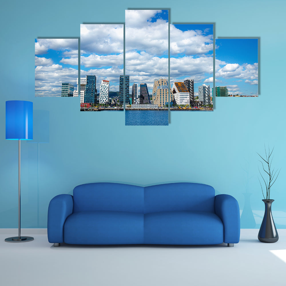 Amazing view of modern business architecture in the center of Oslo multi panel canvas wall art