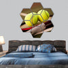 Tennis racquet and tennis balls hexagonal canvas wall art