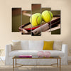 A shot of a tennis racquet and tennis balls Multi panel canvas wall art