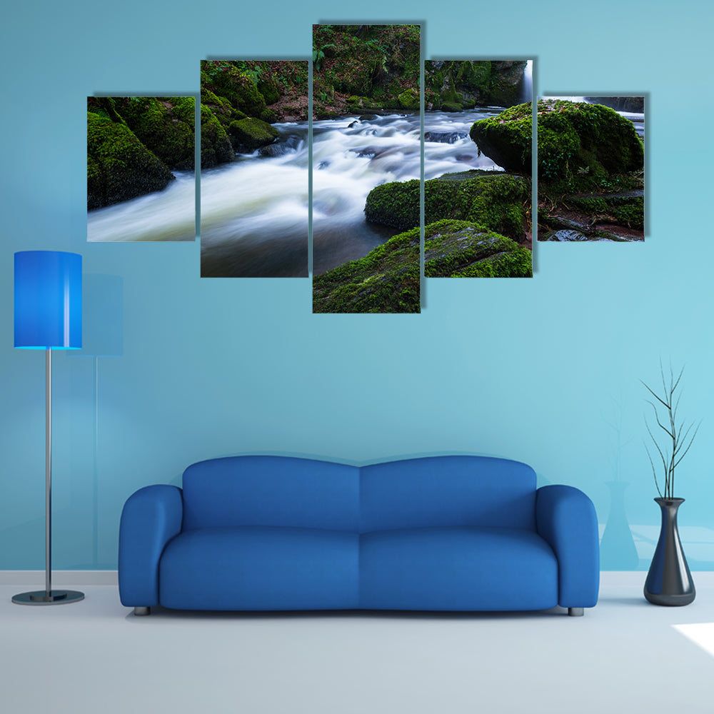  Lush green forest waterfall multi panel canvas wall art