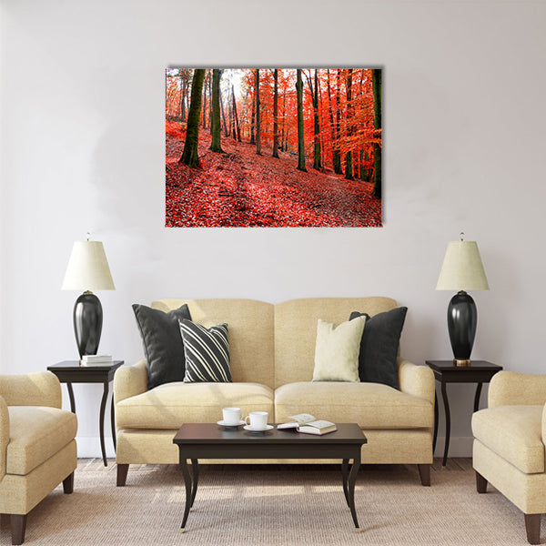 Trees with red autumn leafs in Sonian Forest near Brussels Multi panel canvas wall art