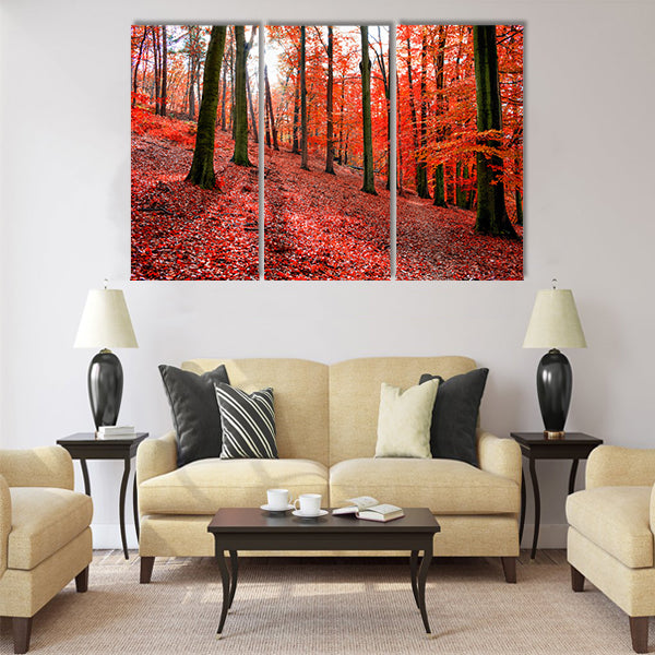 Trees with red autumn leafs in Sonian Forest near Brussels Multi panel canvas wall art