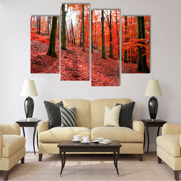 Trees with red autumn leafs in Sonian Forest near Brussels Multi panel canvas wall art