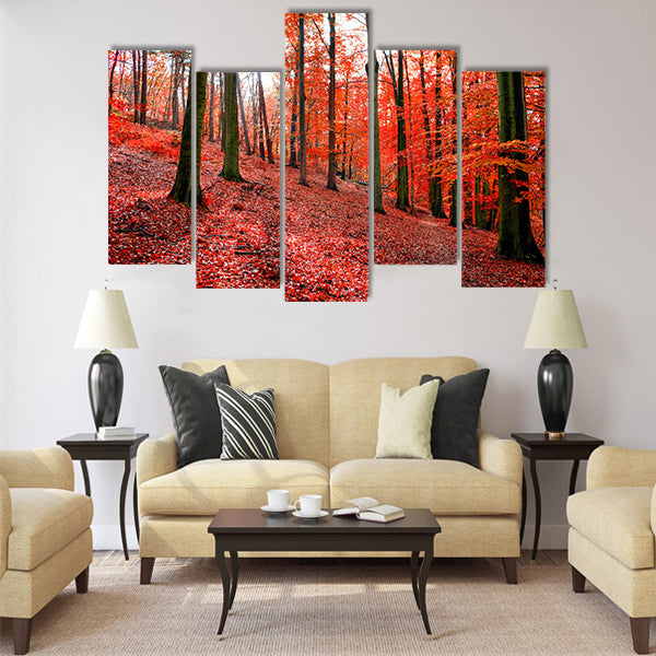 Trees with red autumn leafs in Sonian Forest near Brussels Multi panel canvas wall art