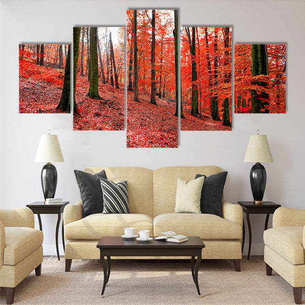 Trees with red autumn leafs in Sonian Forest near Brussels Multi panel canvas wall art
