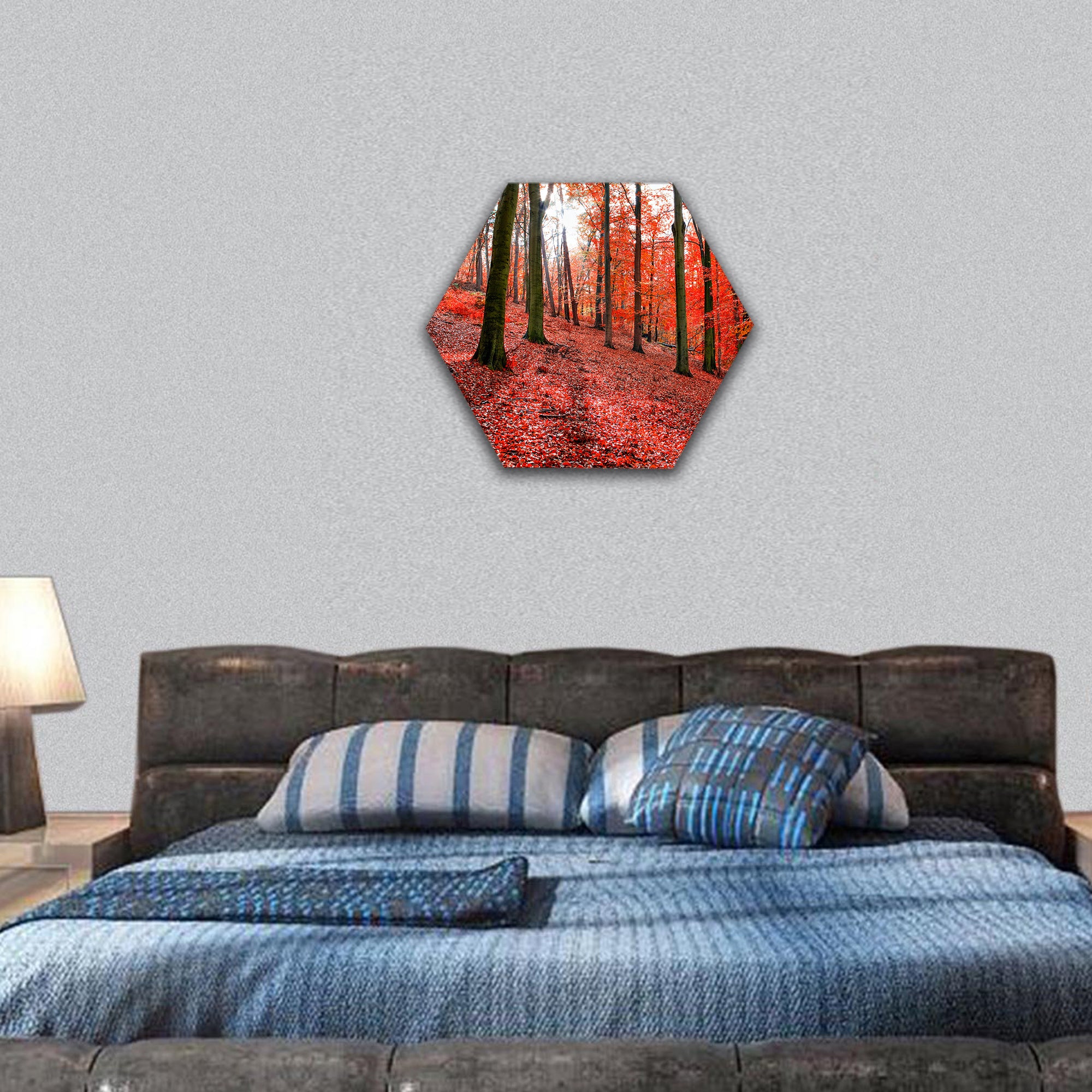 Trees with red autumn leafs in Sonian Forest near Brussels hexagonal canvas wall art
