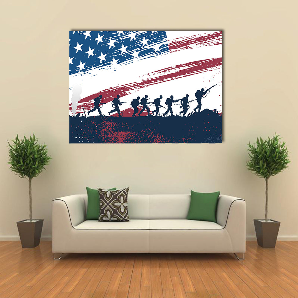 Scene Of Soldiers While Fighting In War With USA Flag Behind Multi Panel Canvas Wall Art