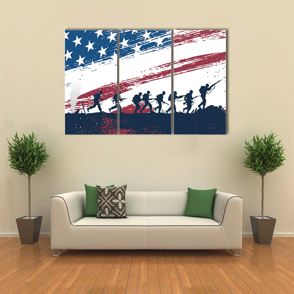 Scene Of Soldiers While Fighting In War With USA Flag Behind Multi Panel Canvas Wall Art