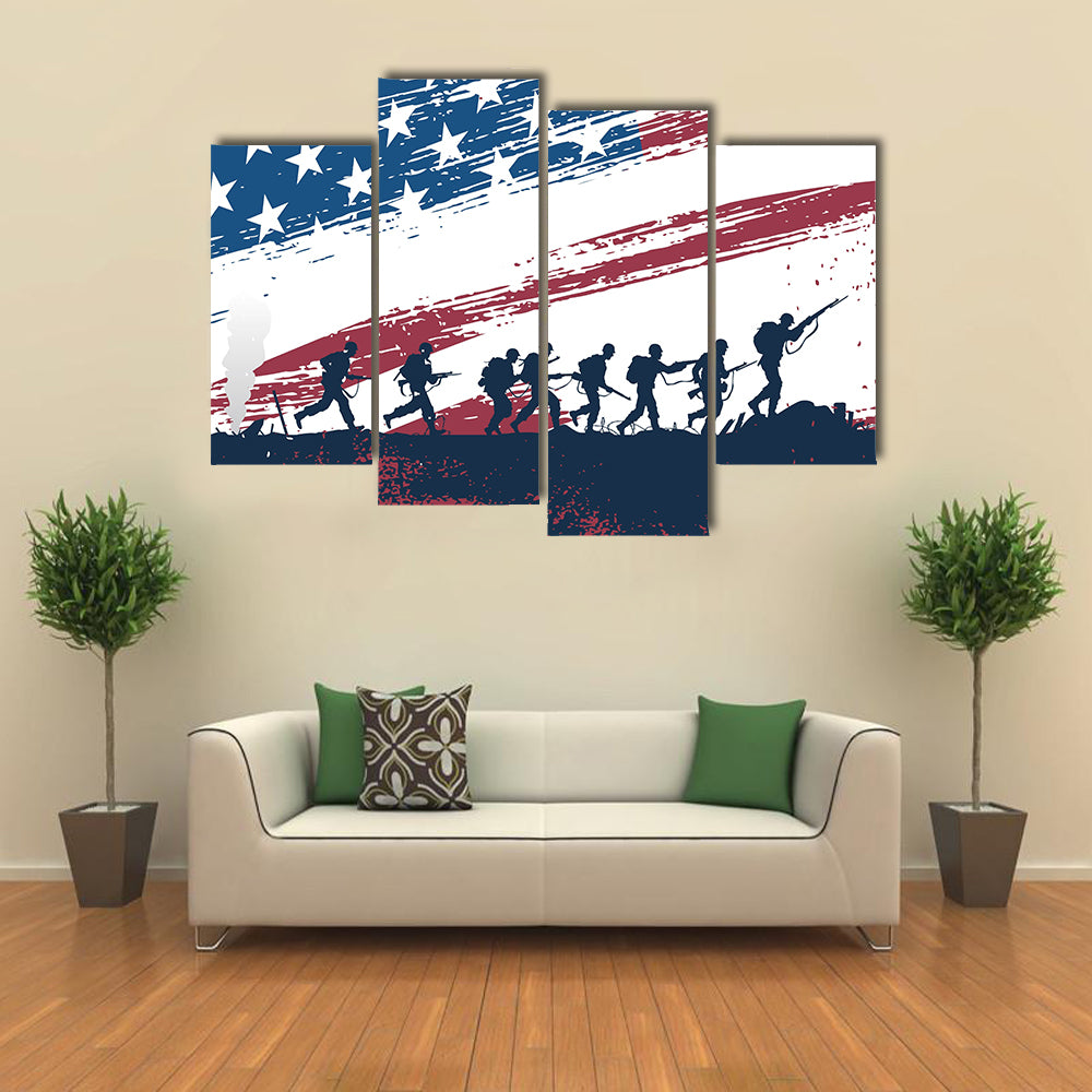 Scene Of Soldiers While Fighting In War With USA Flag Behind Multi Panel Canvas Wall Art
