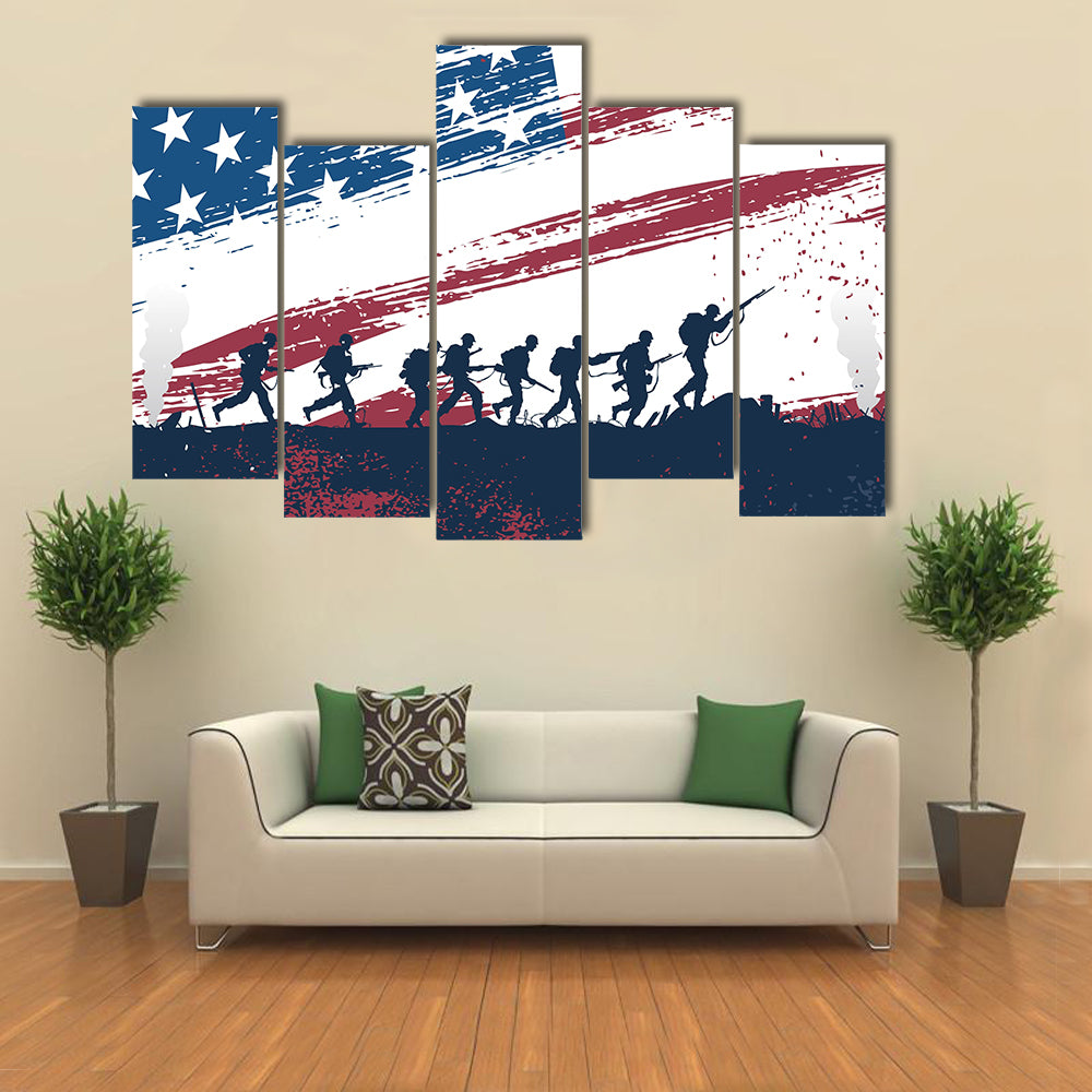 Scene Of Soldiers While Fighting In War With USA Flag Behind Multi Panel Canvas Wall Art
