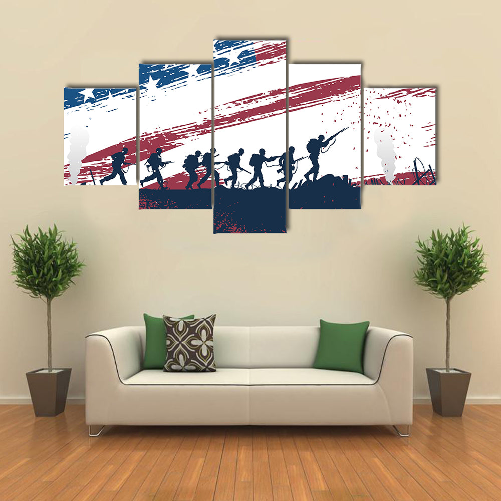 Scene Of Soldiers While Fighting In War With USA Flag Behind Multi Panel Canvas Wall Art