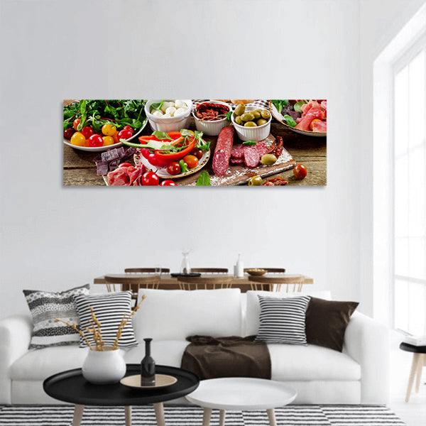Appetizers on a wooden cutting board Panoramic Canvas Wall Art