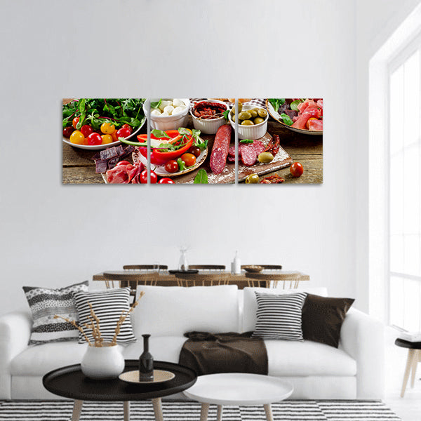 Appetizers on a wooden cutting board Panoramic Canvas Wall Art