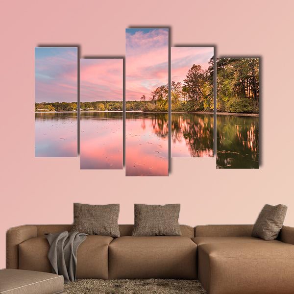 Dramatic autumn sunset at Hamilton Lake in Arkansas multi panel canvas wall art