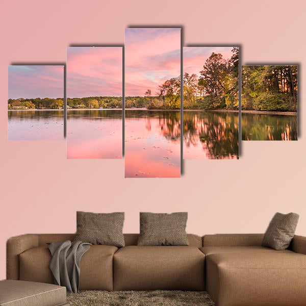 Dramatic autumn sunset at Hamilton Lake in Arkansas multi panel canvas wall art