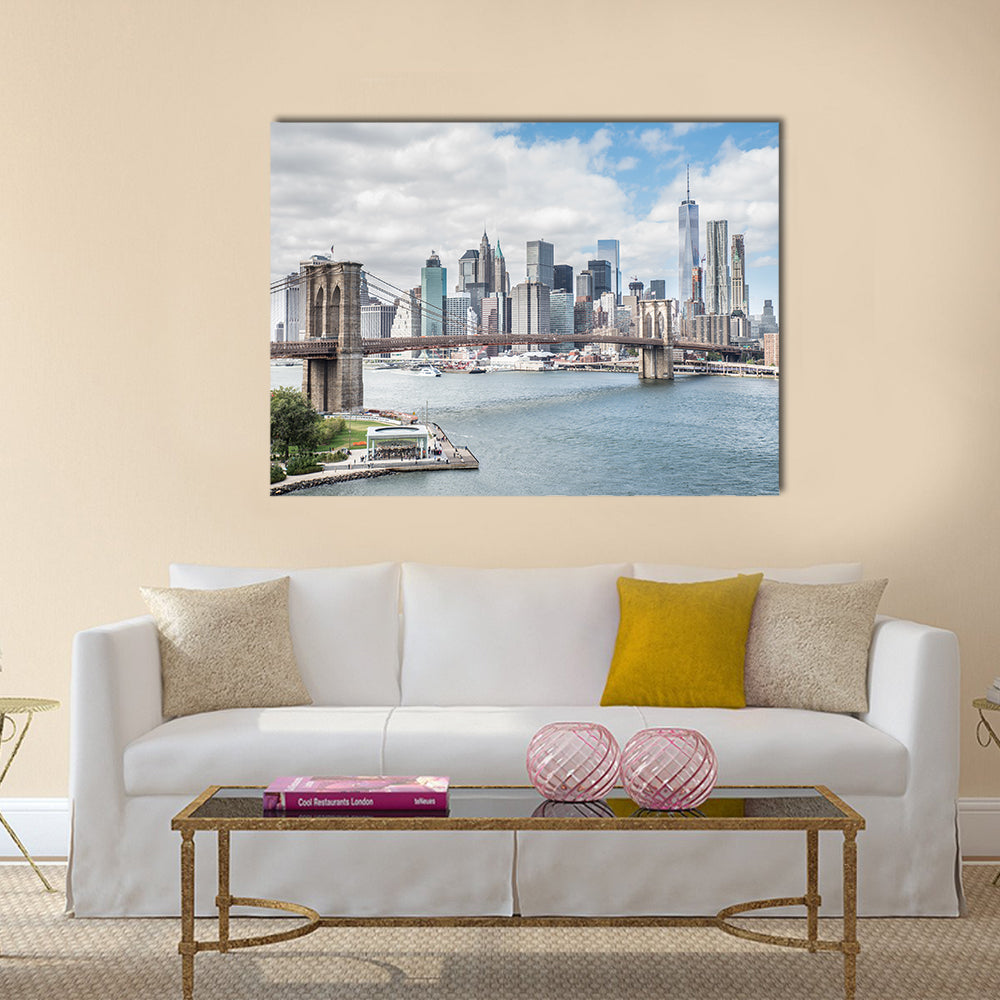 View of Brooklyn Bridge and Manhattan skyline multi panel canvas wall art