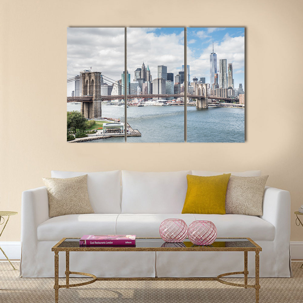 View of Brooklyn Bridge and Manhattan skyline multi panel canvas wall art