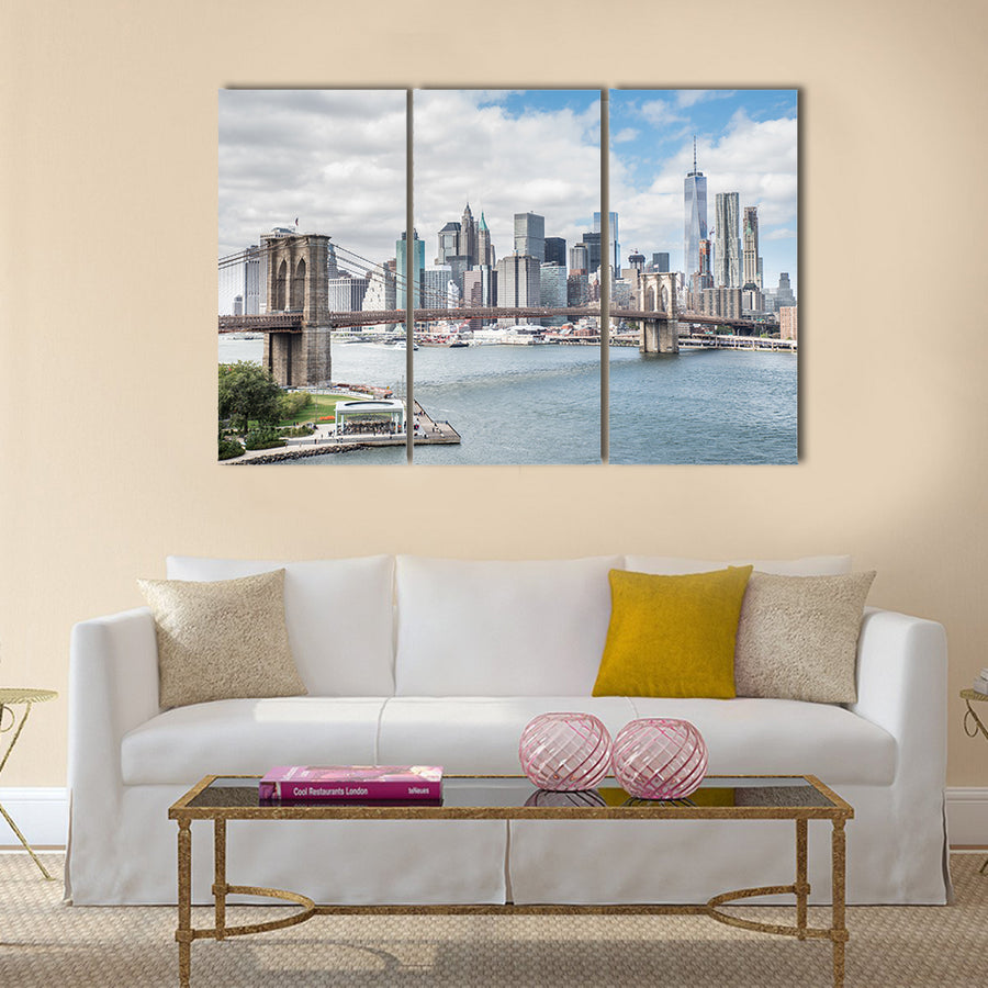 View of Brooklyn Bridge and Manhattan skyline multi panel canvas wall art