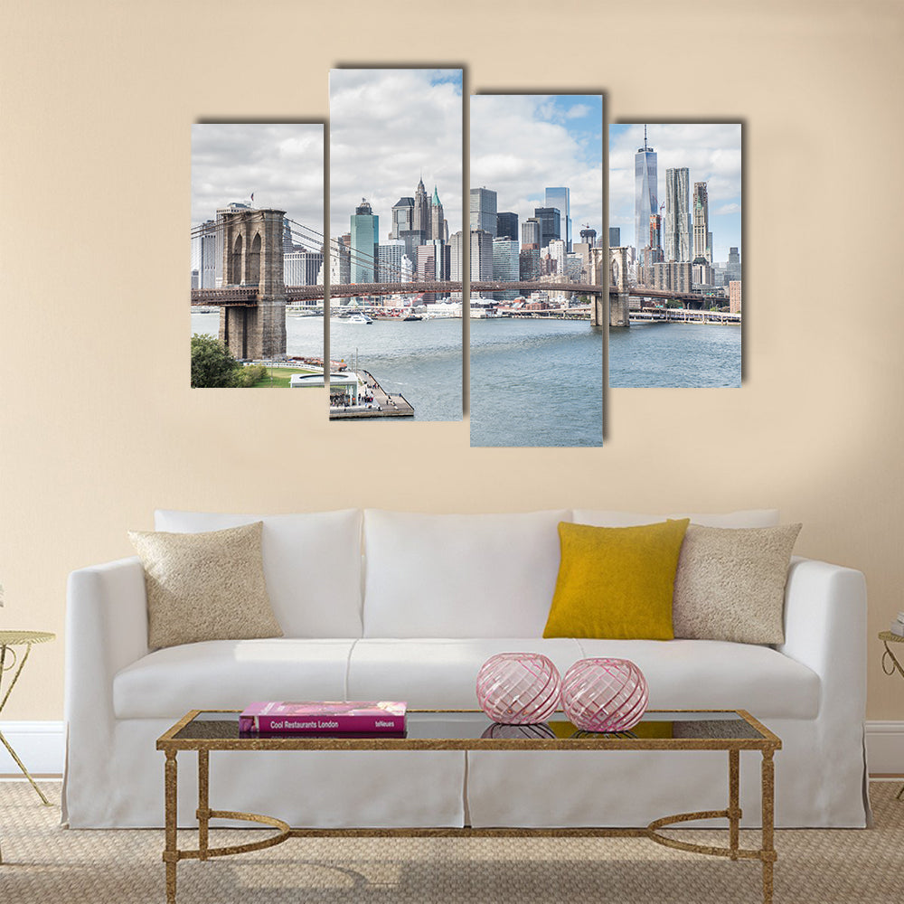 View of Brooklyn Bridge and Manhattan skyline multi panel canvas wall art