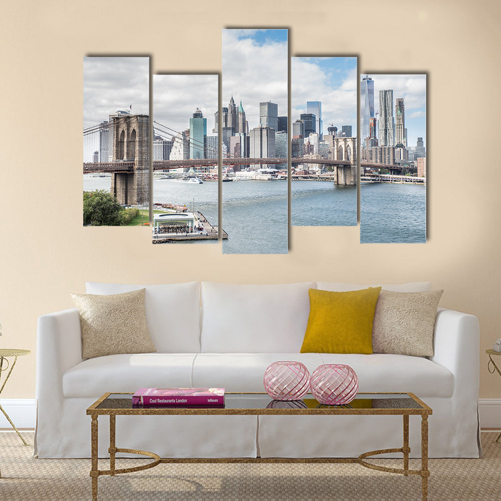 View of Brooklyn Bridge and Manhattan skyline multi panel canvas wall art
