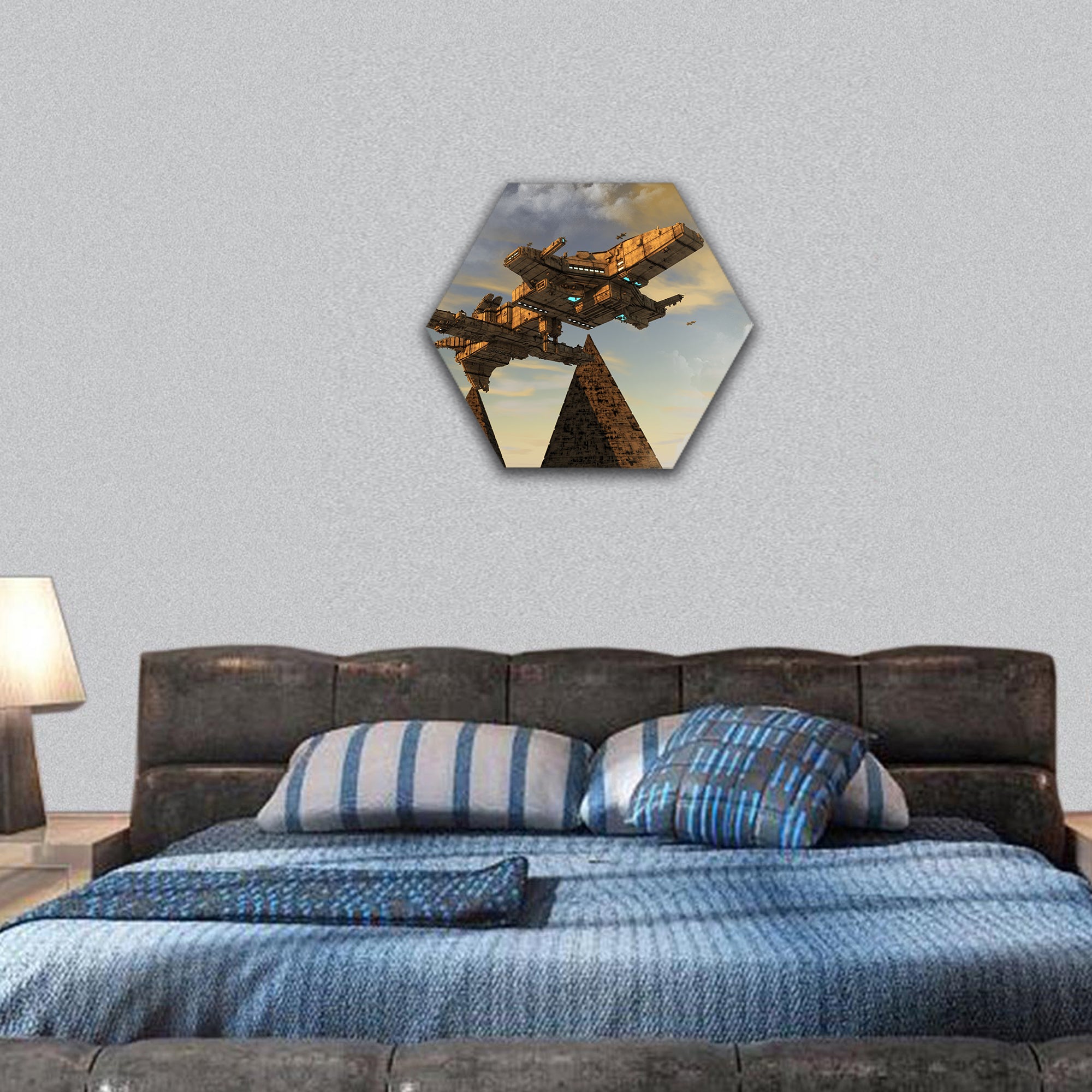 Futuristic UFO alien ship concept hexagonal canvas wall art